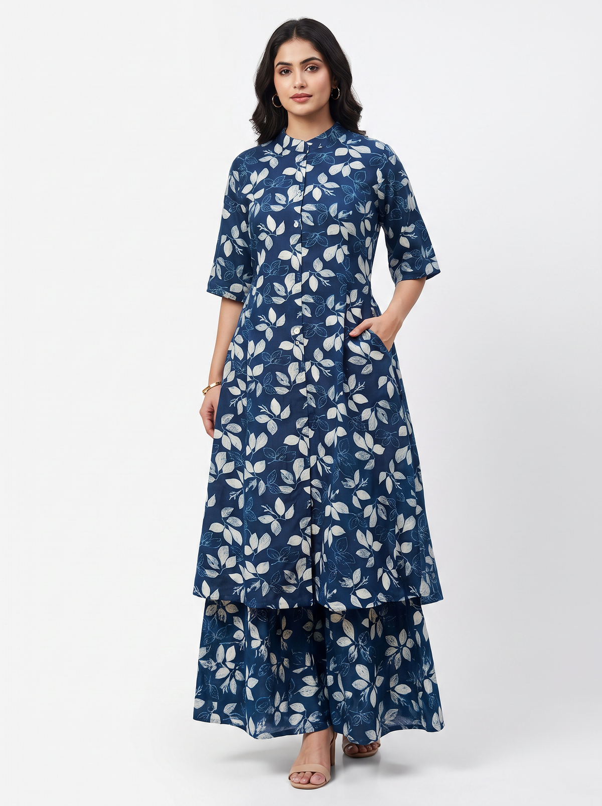 Navy Floral Rayon Kurta Palazzo Set