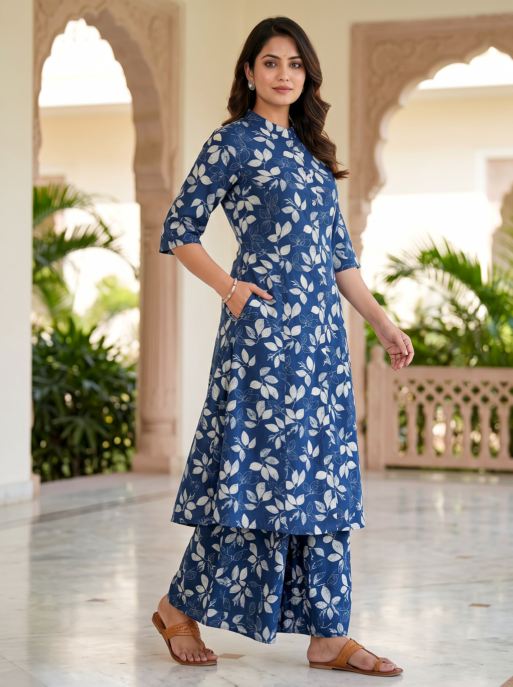 Navy Floral Rayon Kurta Palazzo Set