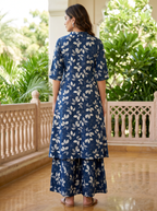Navy Floral Rayon Kurta Palazzo Set