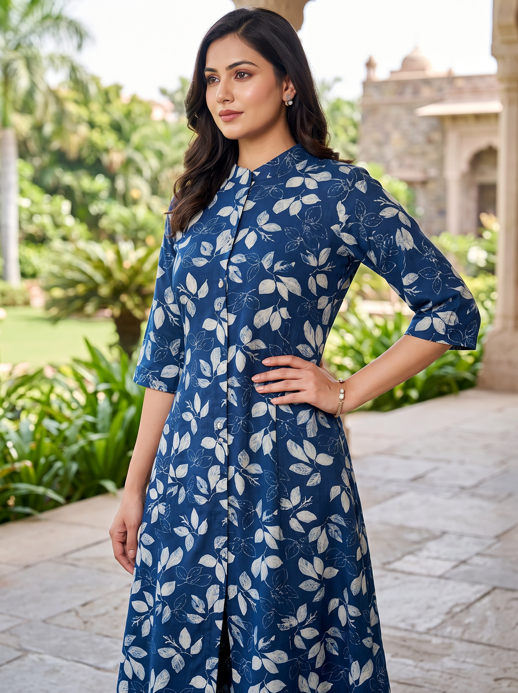 Navy Floral Rayon Kurta Palazzo Set