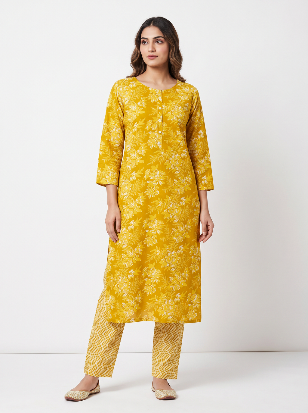 Mustard Floral Kurta Set