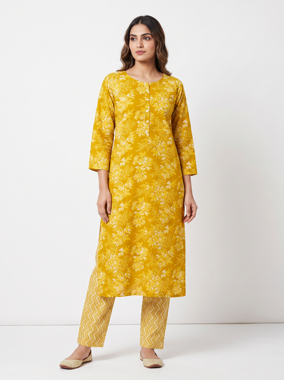Mustard Floral Kurta Set