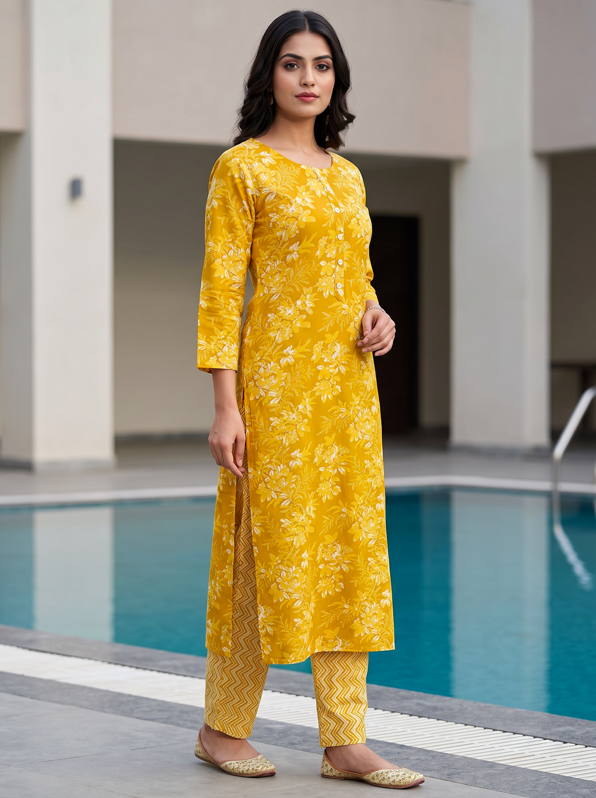 Mustard Floral Kurta Set