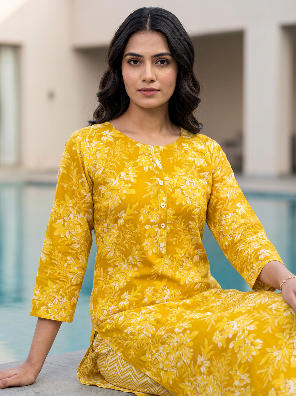 Mustard Floral Kurta Set