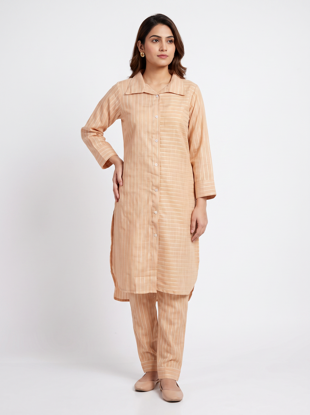 Peach Textured Straight Kurta Set