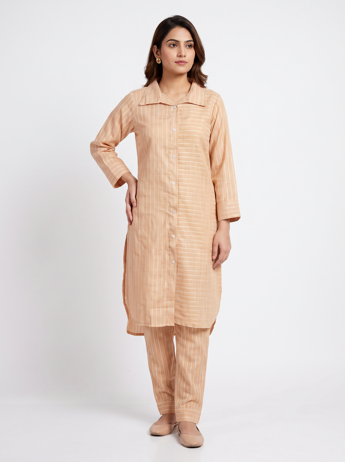 Peach Textured Straight Kurta Set