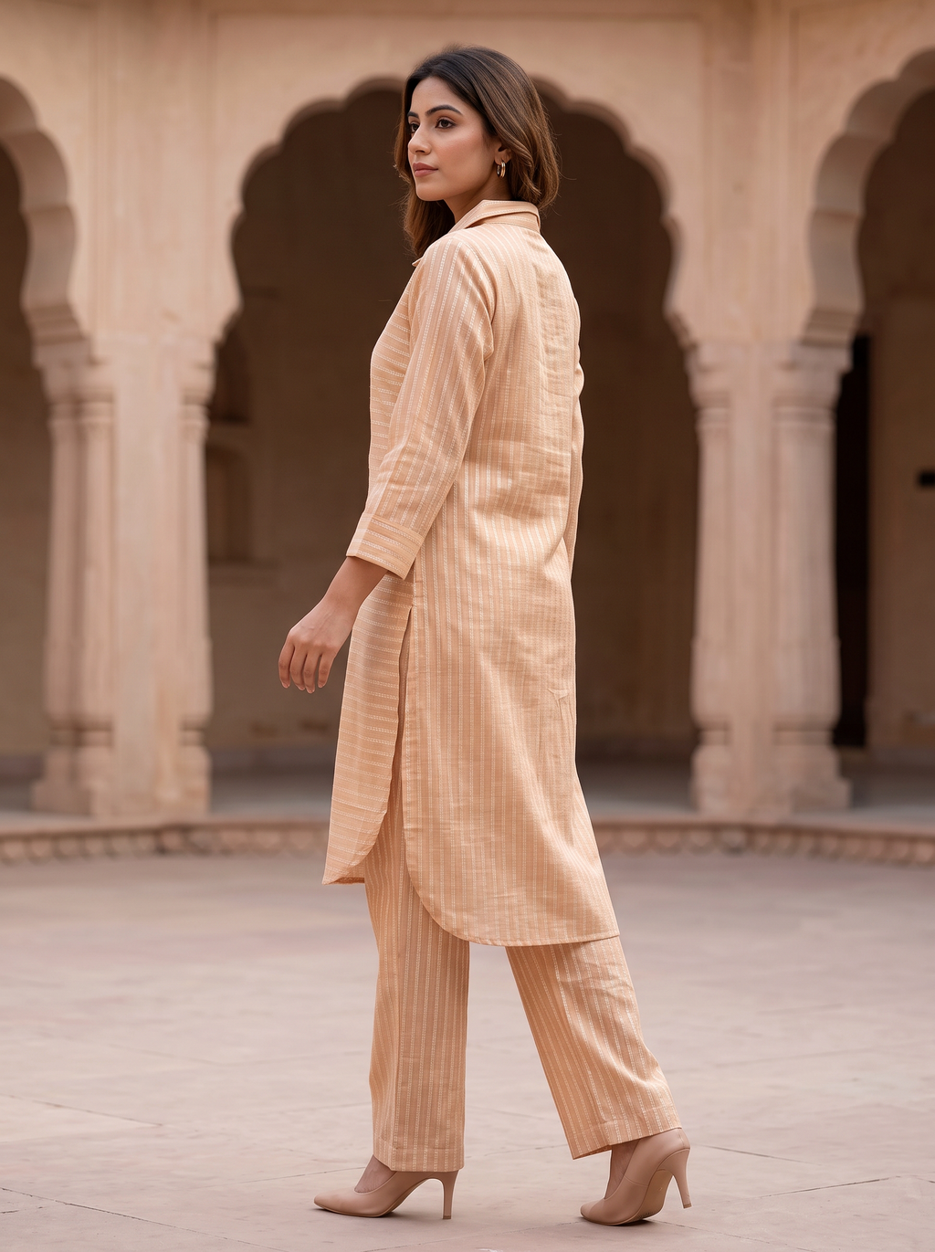 Peach Textured Straight Kurta Set