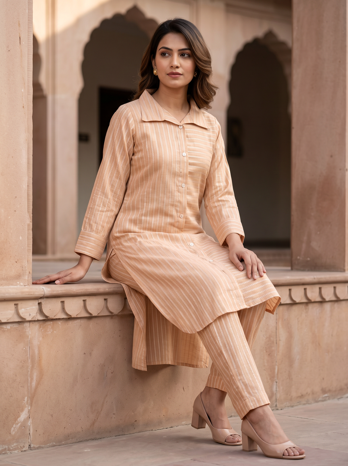 Peach Textured Straight Kurta Set