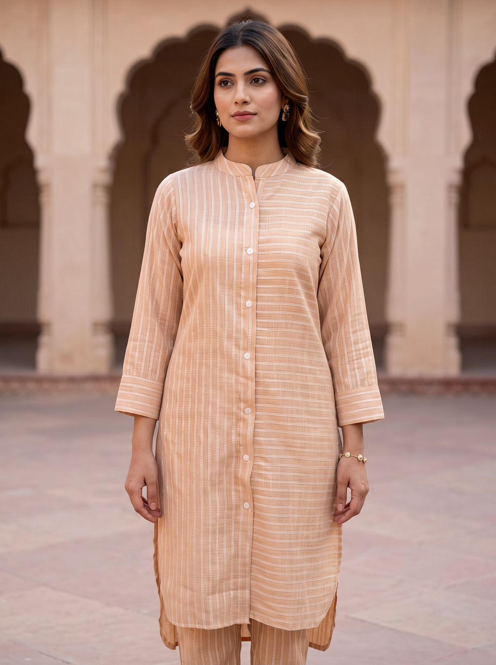 Peach Textured Straight Kurta Set
