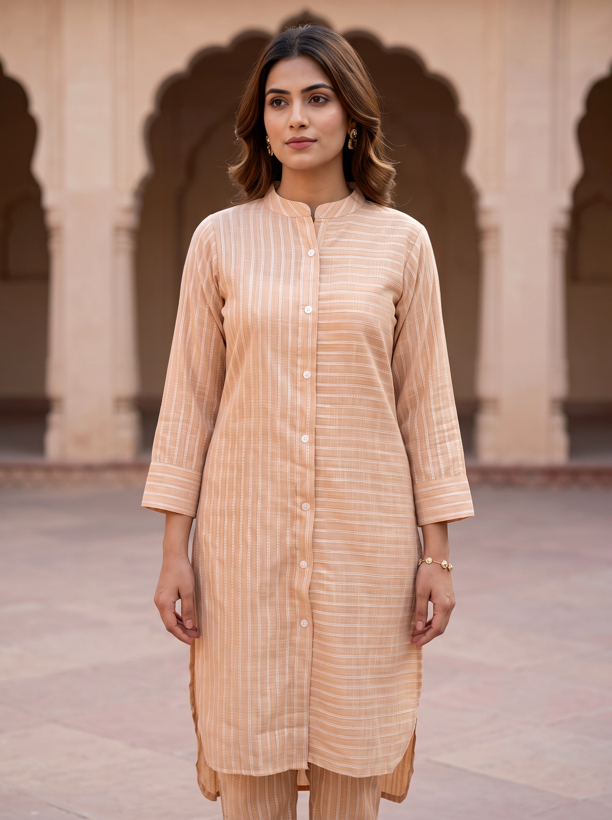 Peach Textured Straight Kurta Set