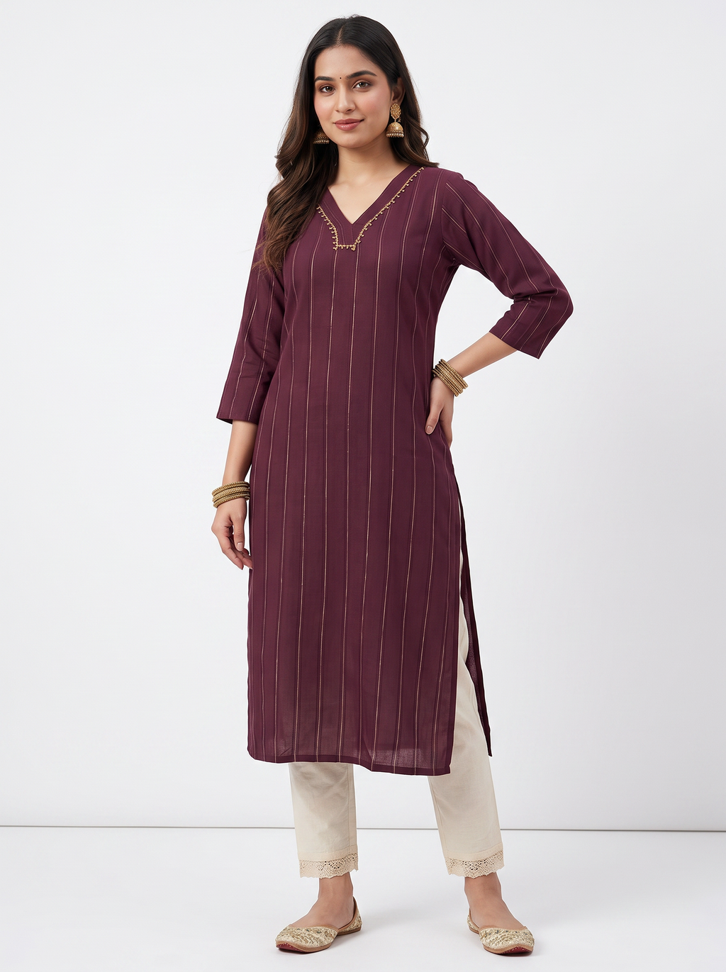 Plum Ribbed Kurta Set