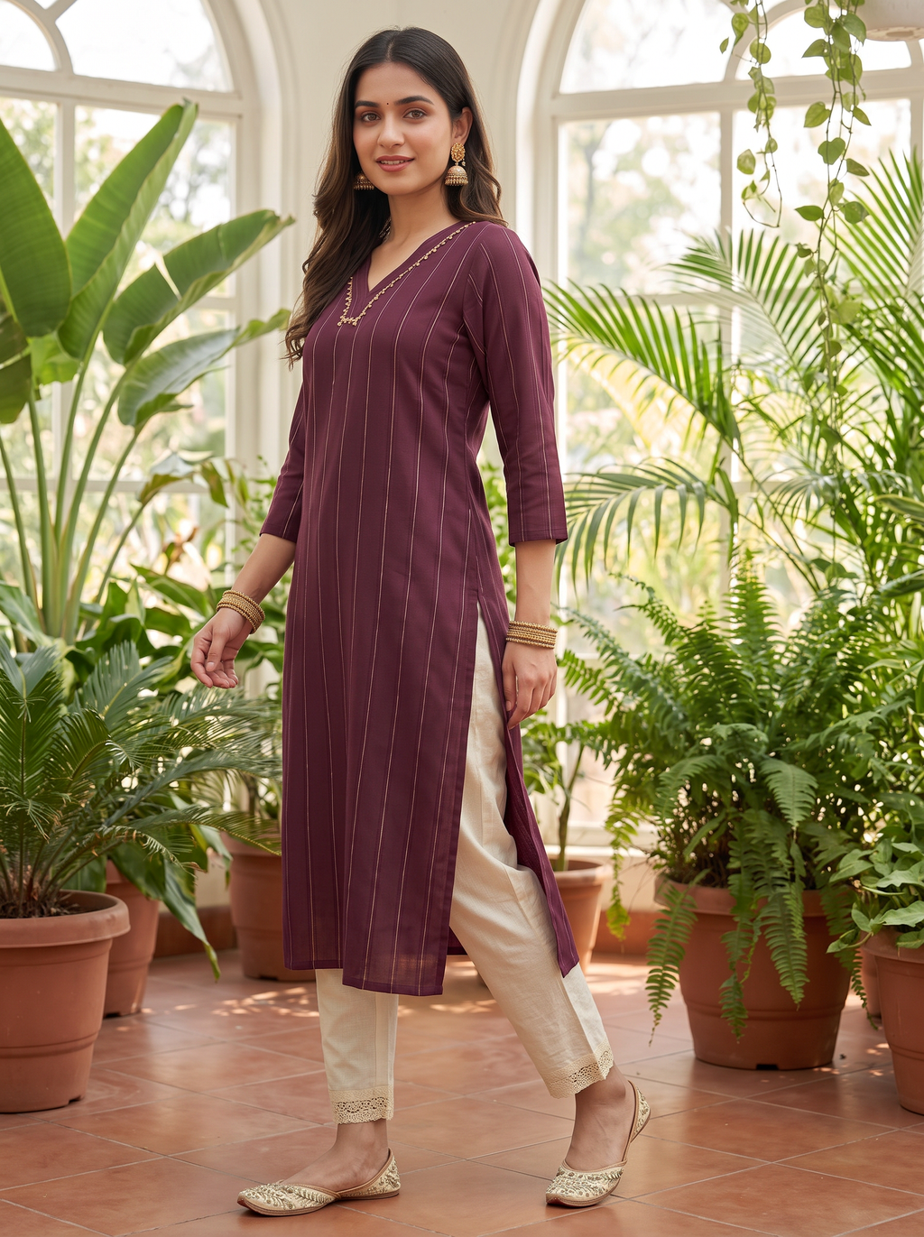 Plum Ribbed Kurta Set