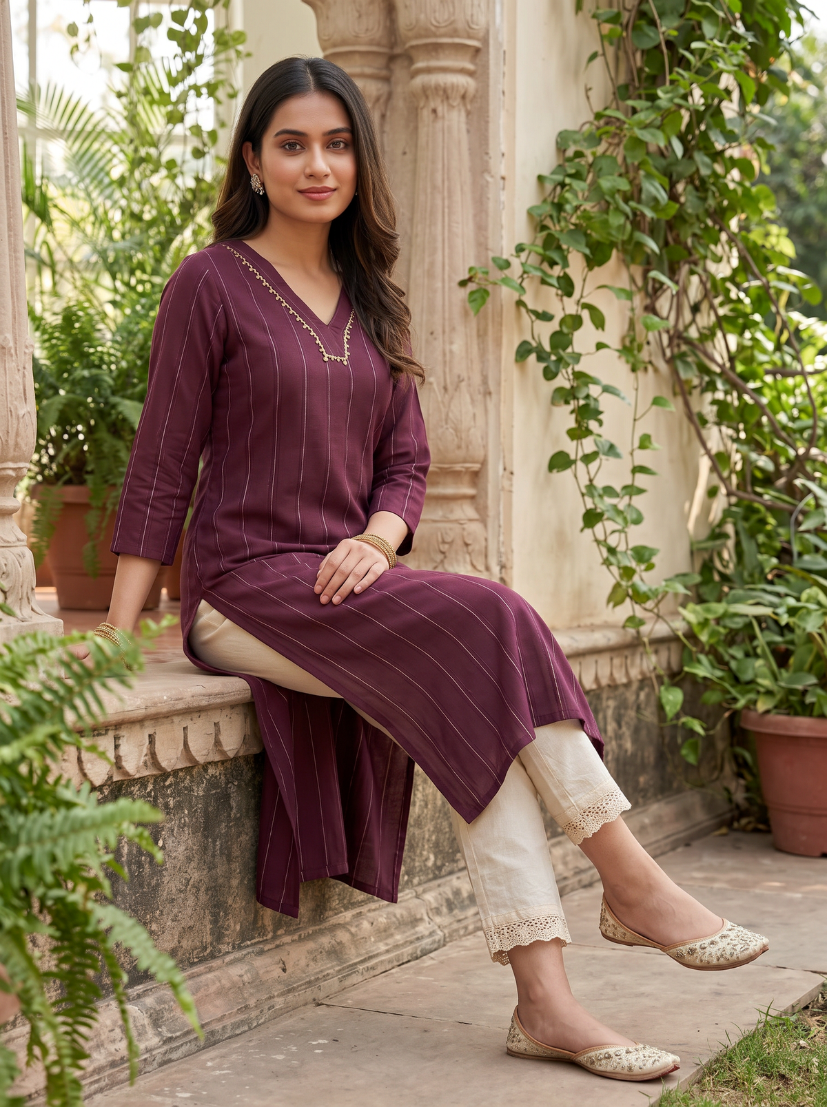 Plum Ribbed Kurta Set
