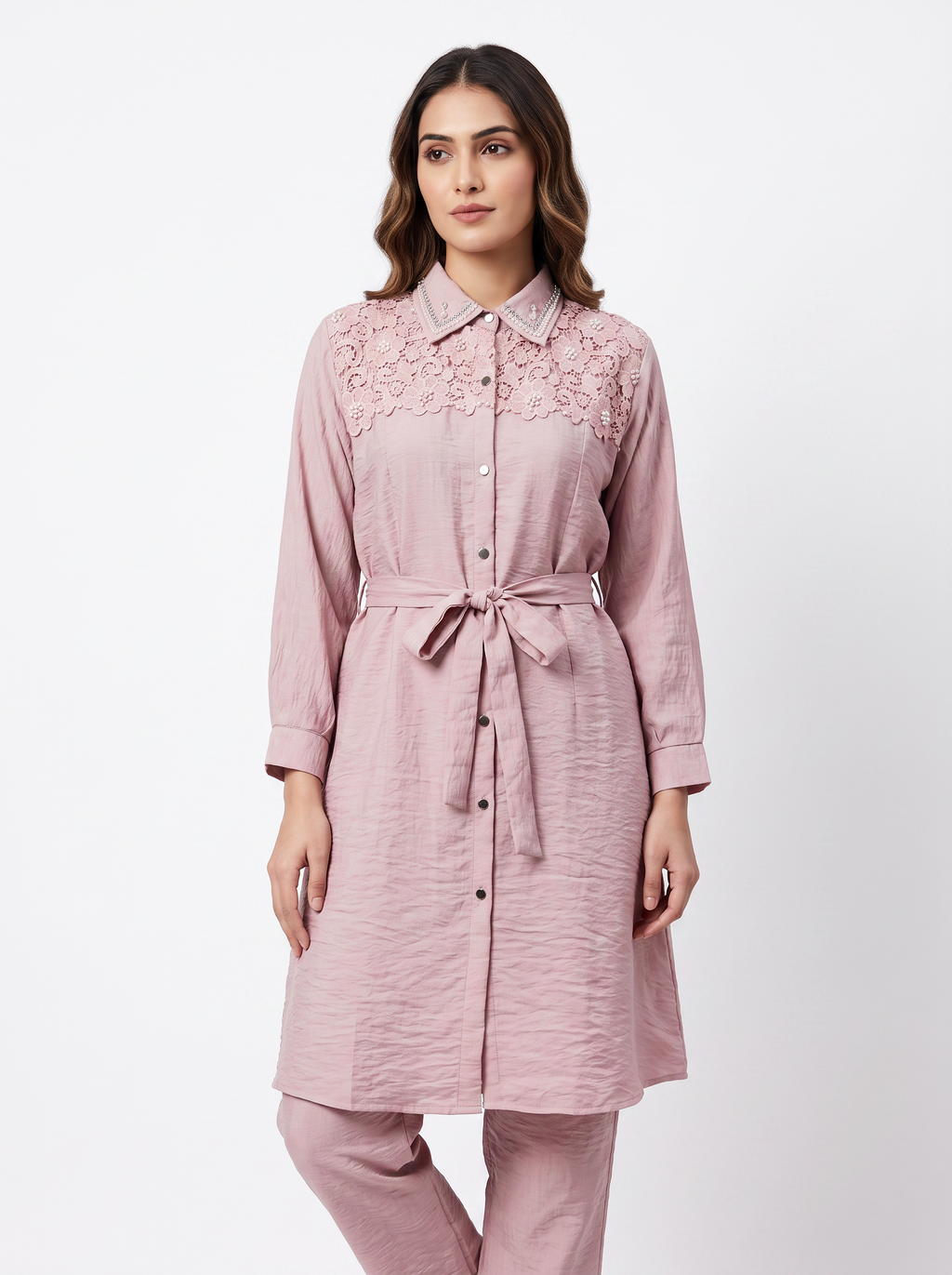 Embroidered Belted Shirt Set