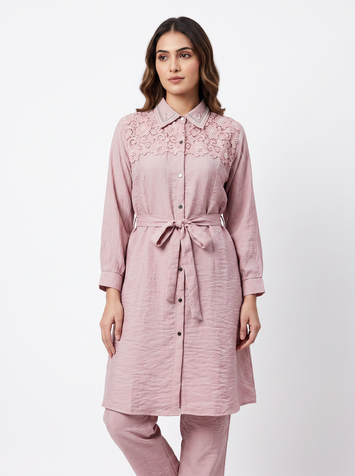 Embroidered Belted Shirt Set