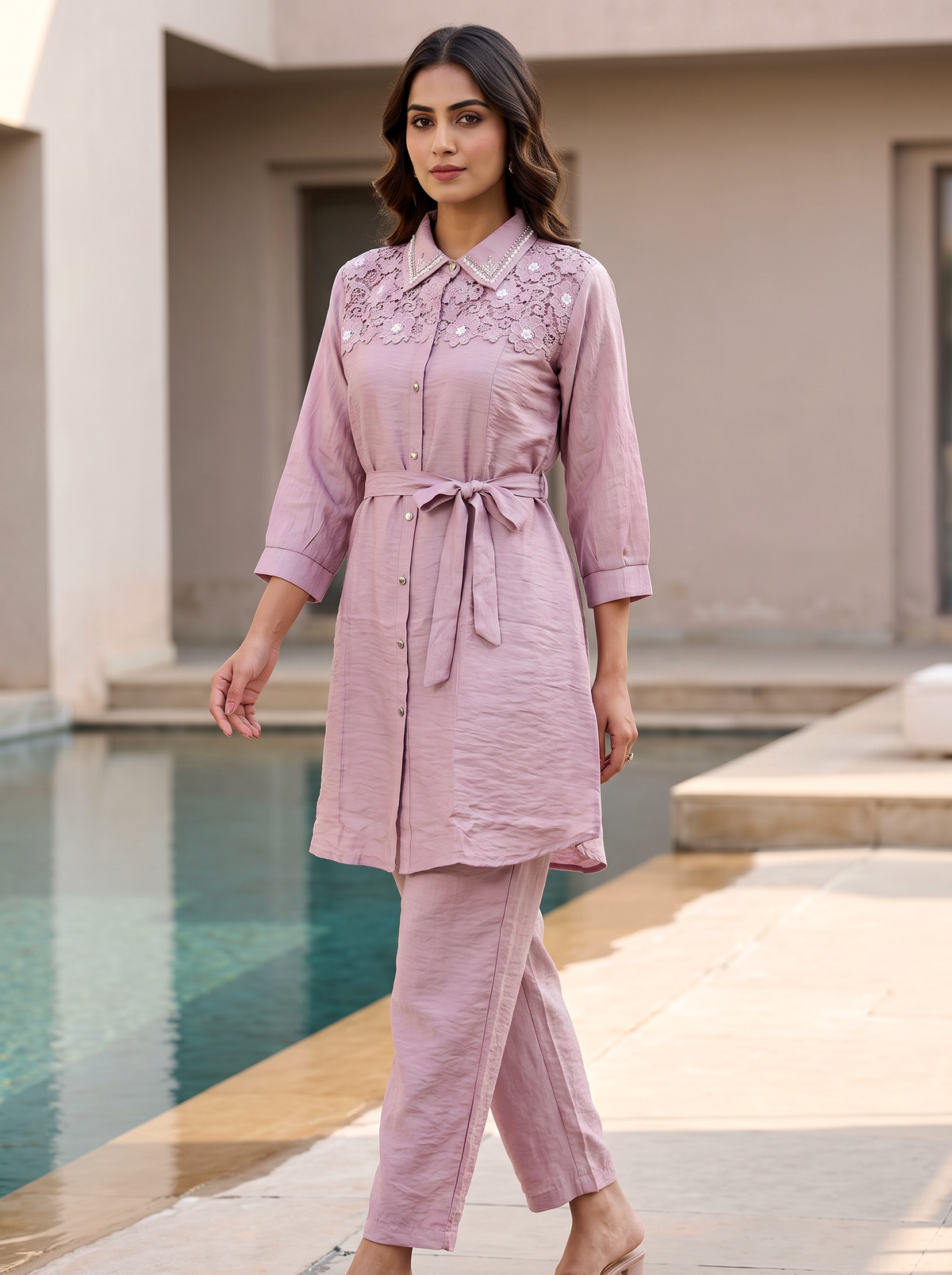 Embroidered Belted Shirt Set