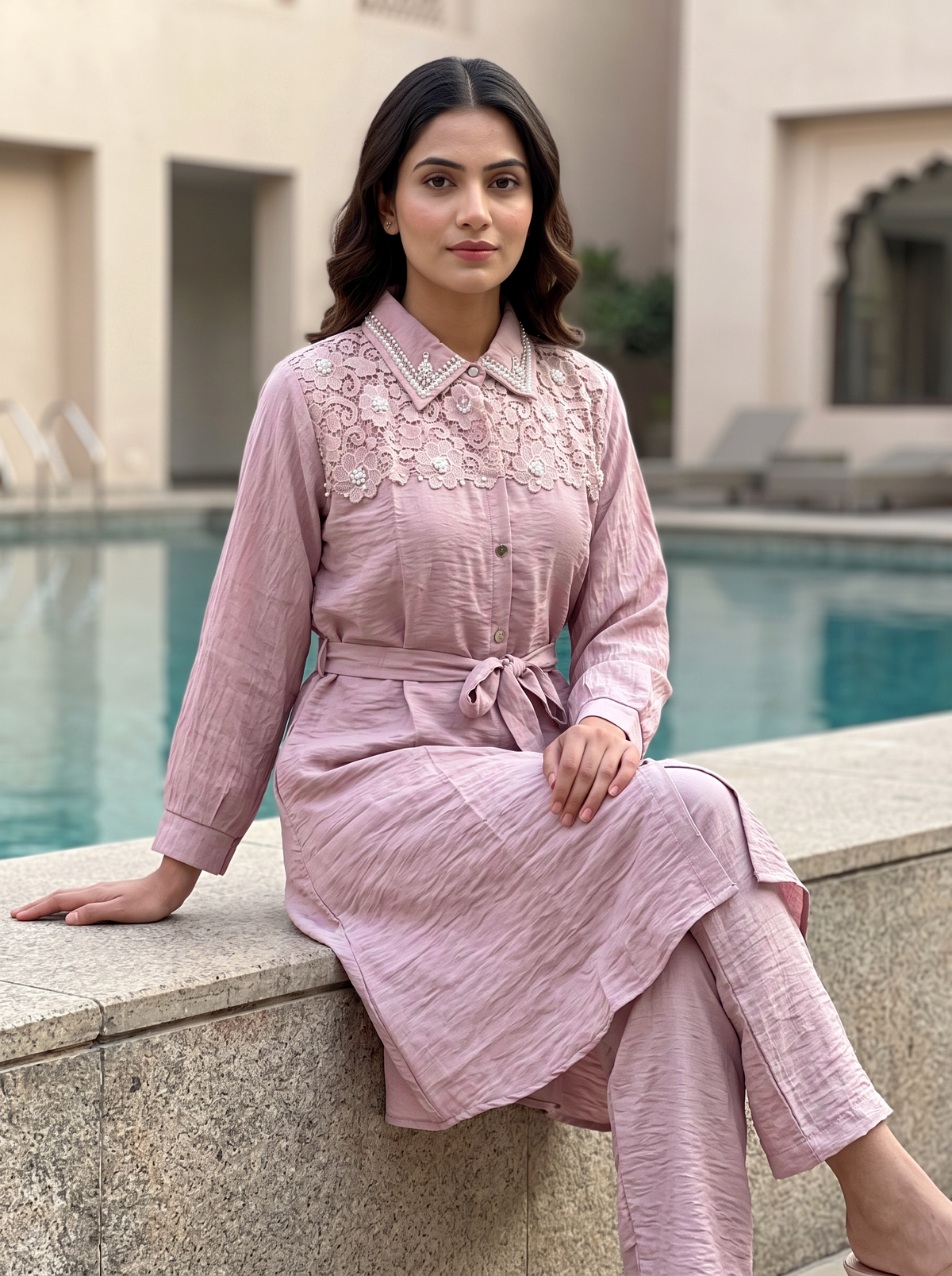 Embroidered Belted Shirt Set