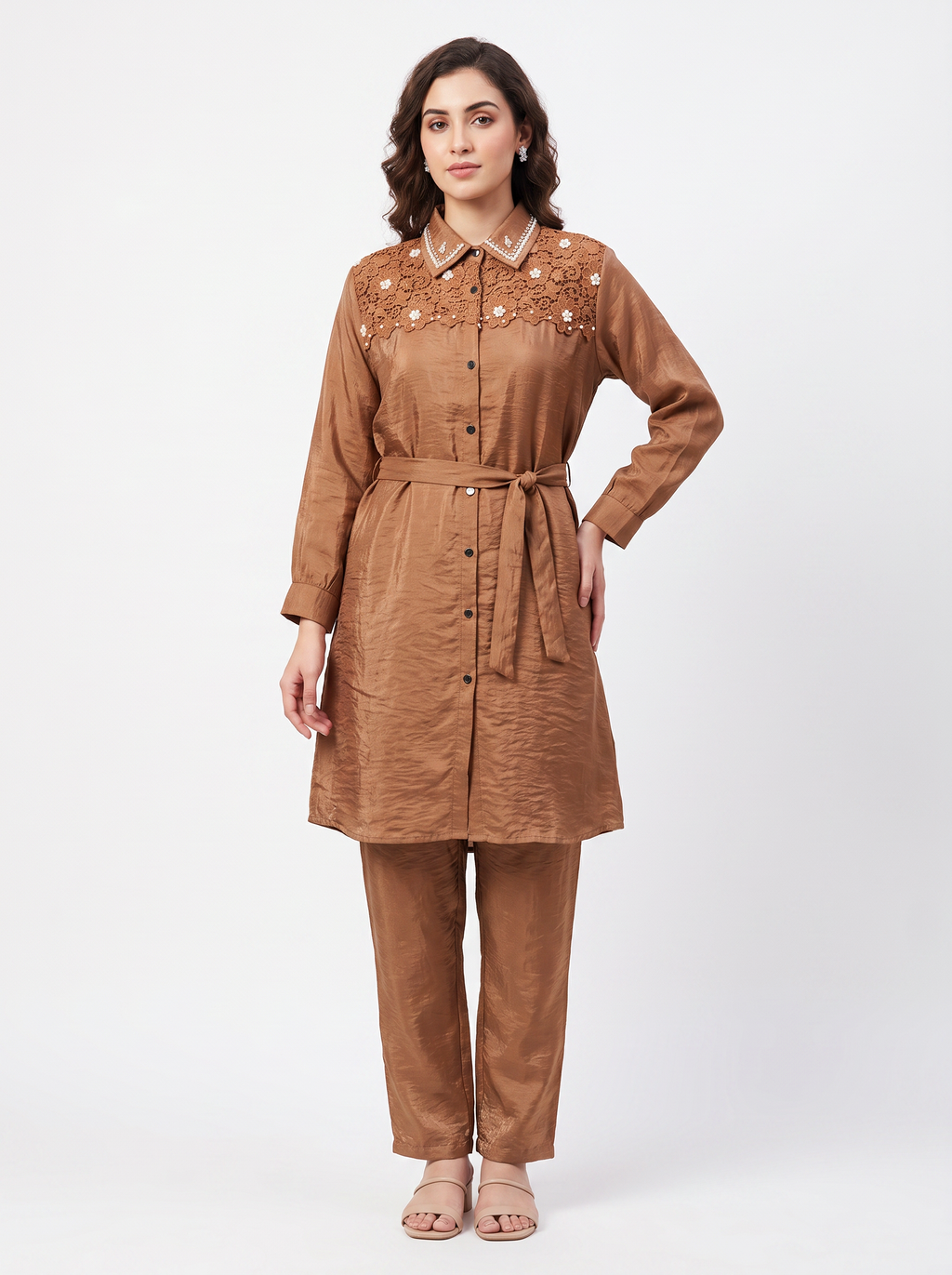 Embroidered Belted Shirt Set