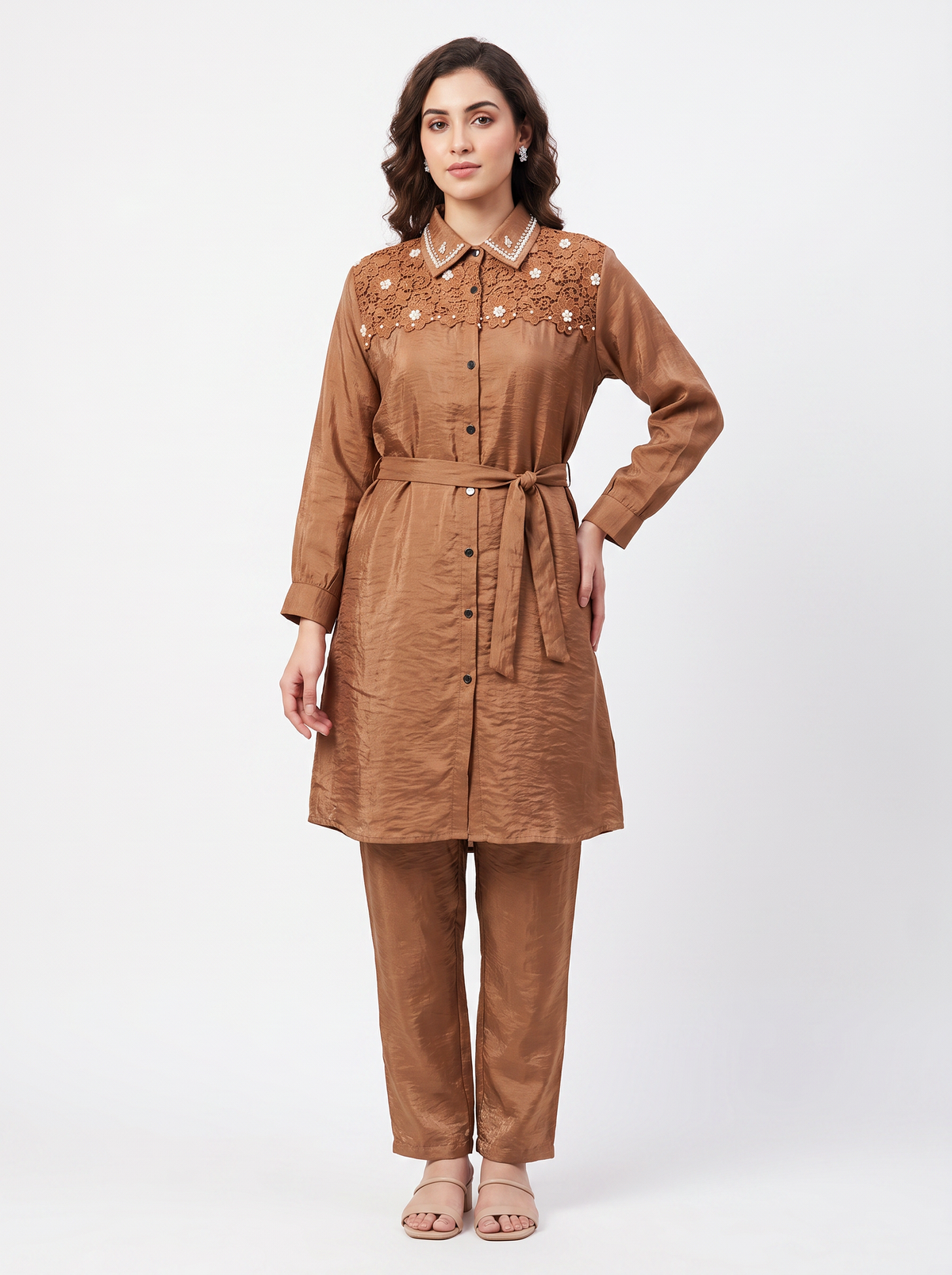 Embroidered Belted Shirt Set