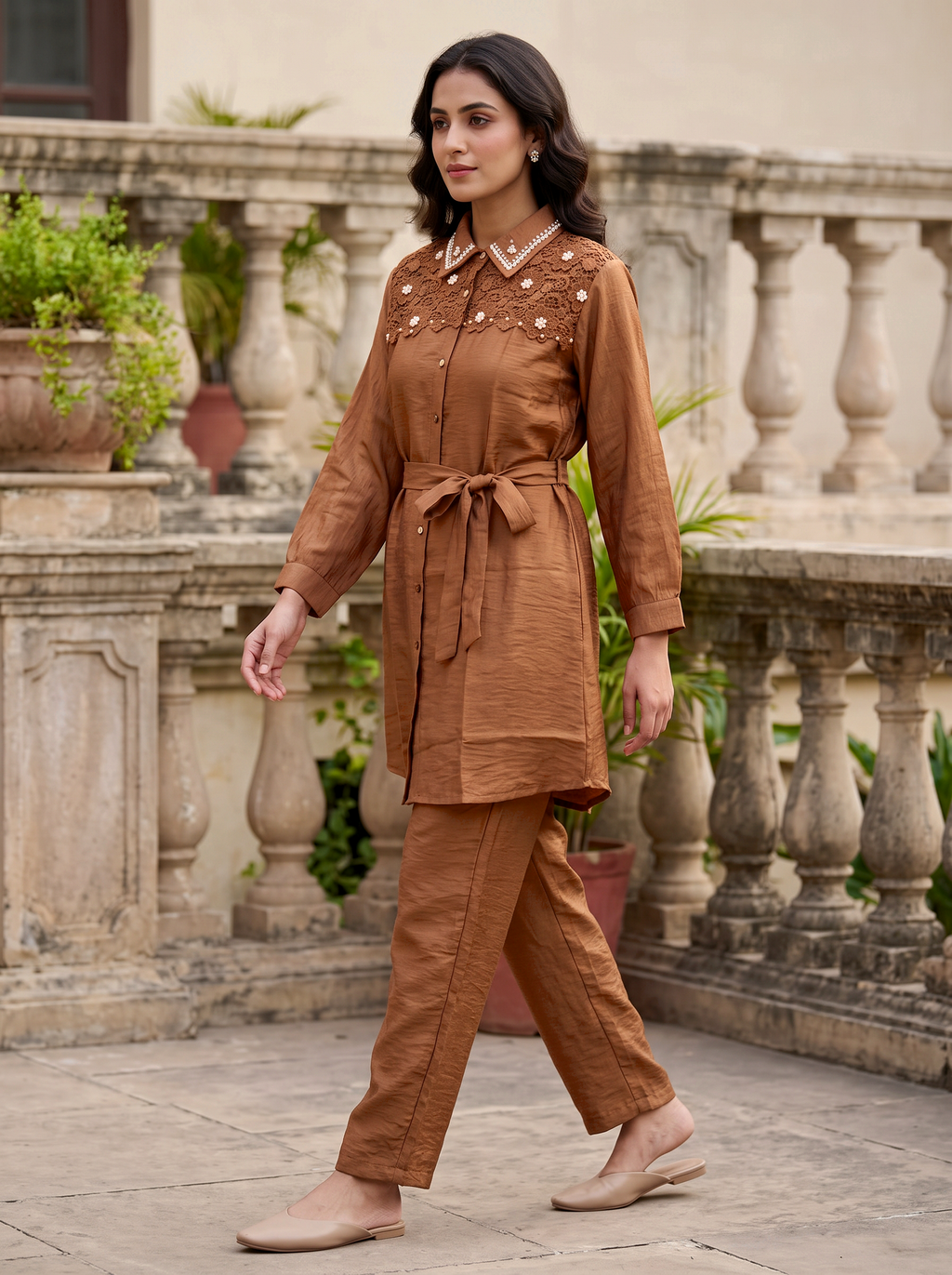 Embroidered Belted Shirt Set