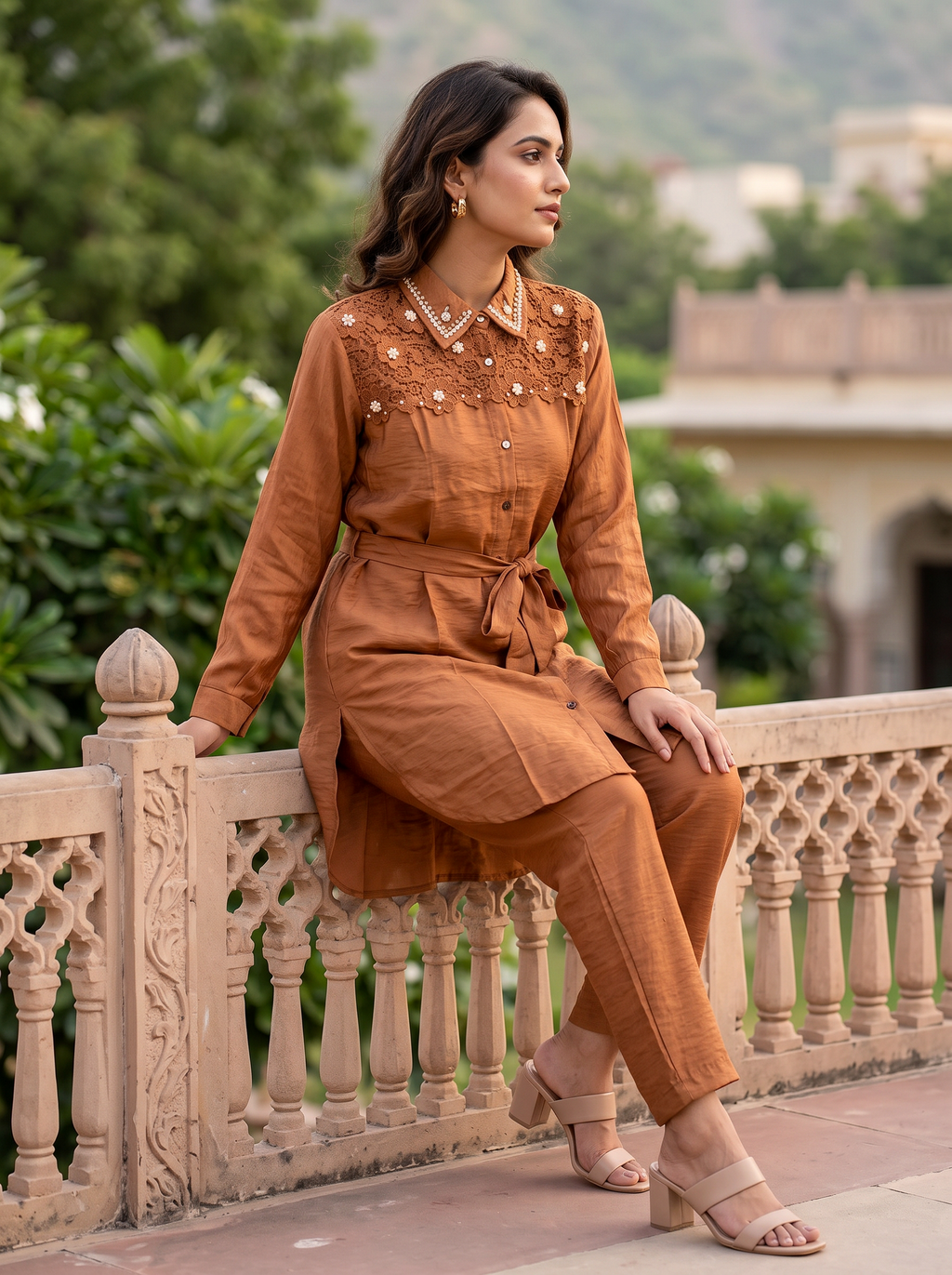 Embroidered Belted Shirt Set
