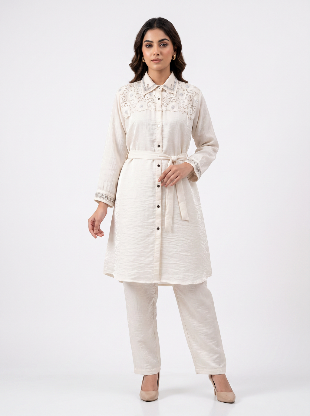 Embroidered Belted Shirt Set