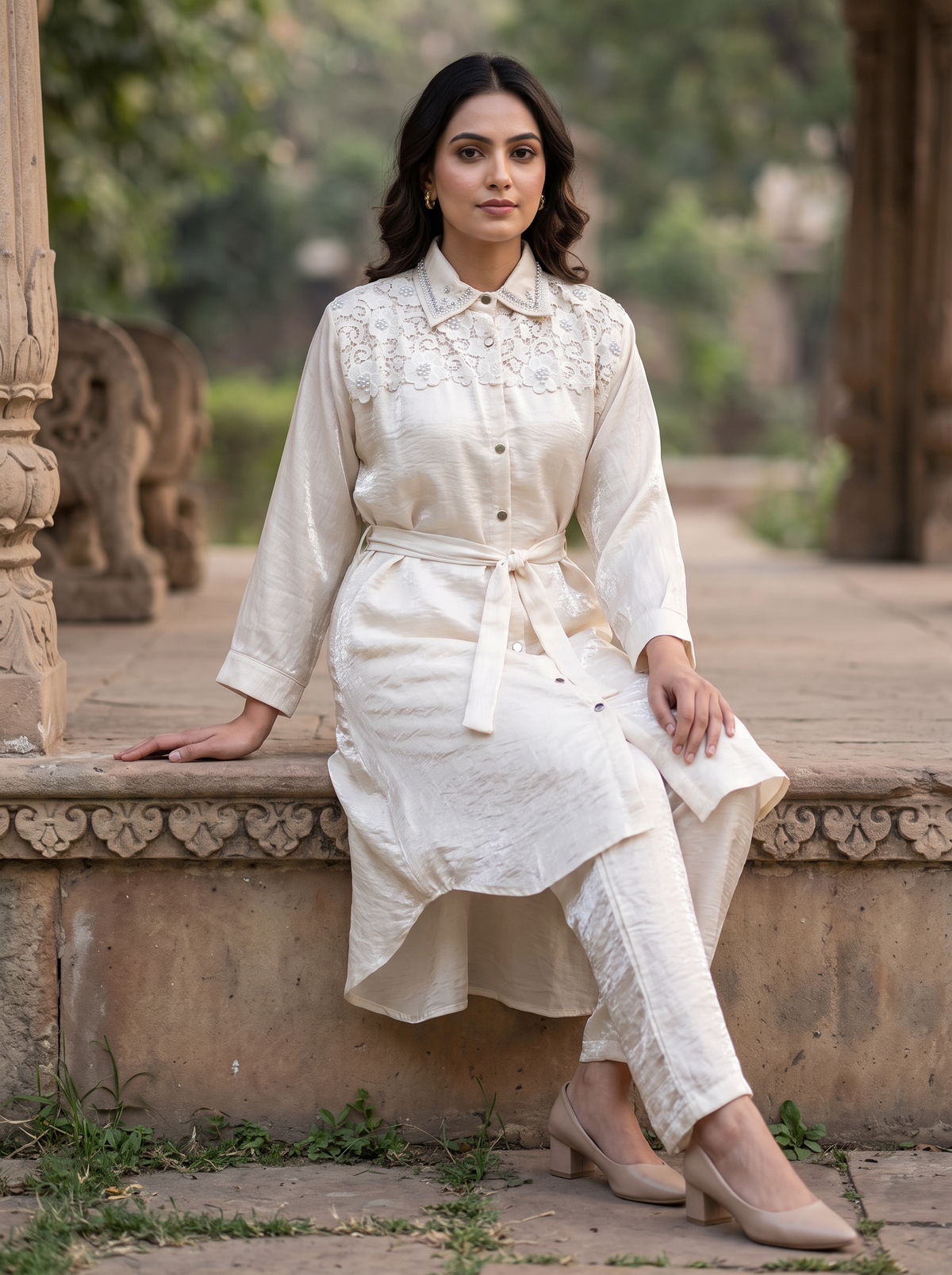 Embroidered Belted Shirt Set