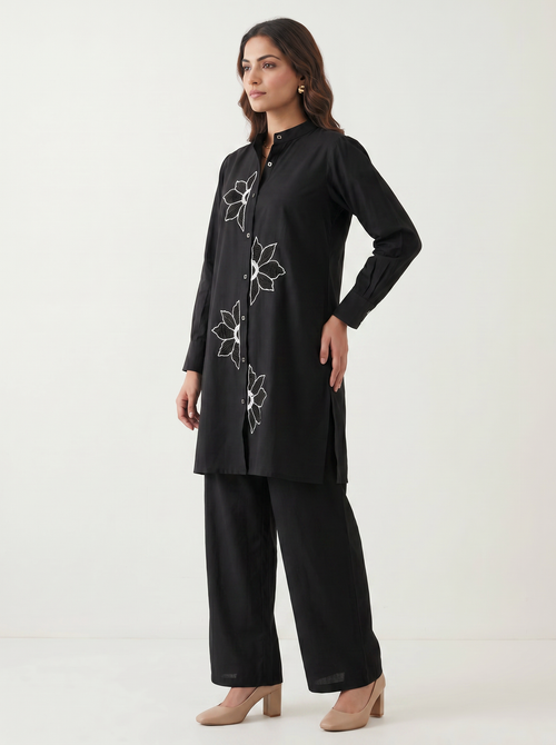 Black Floral Applique Palazzo Set