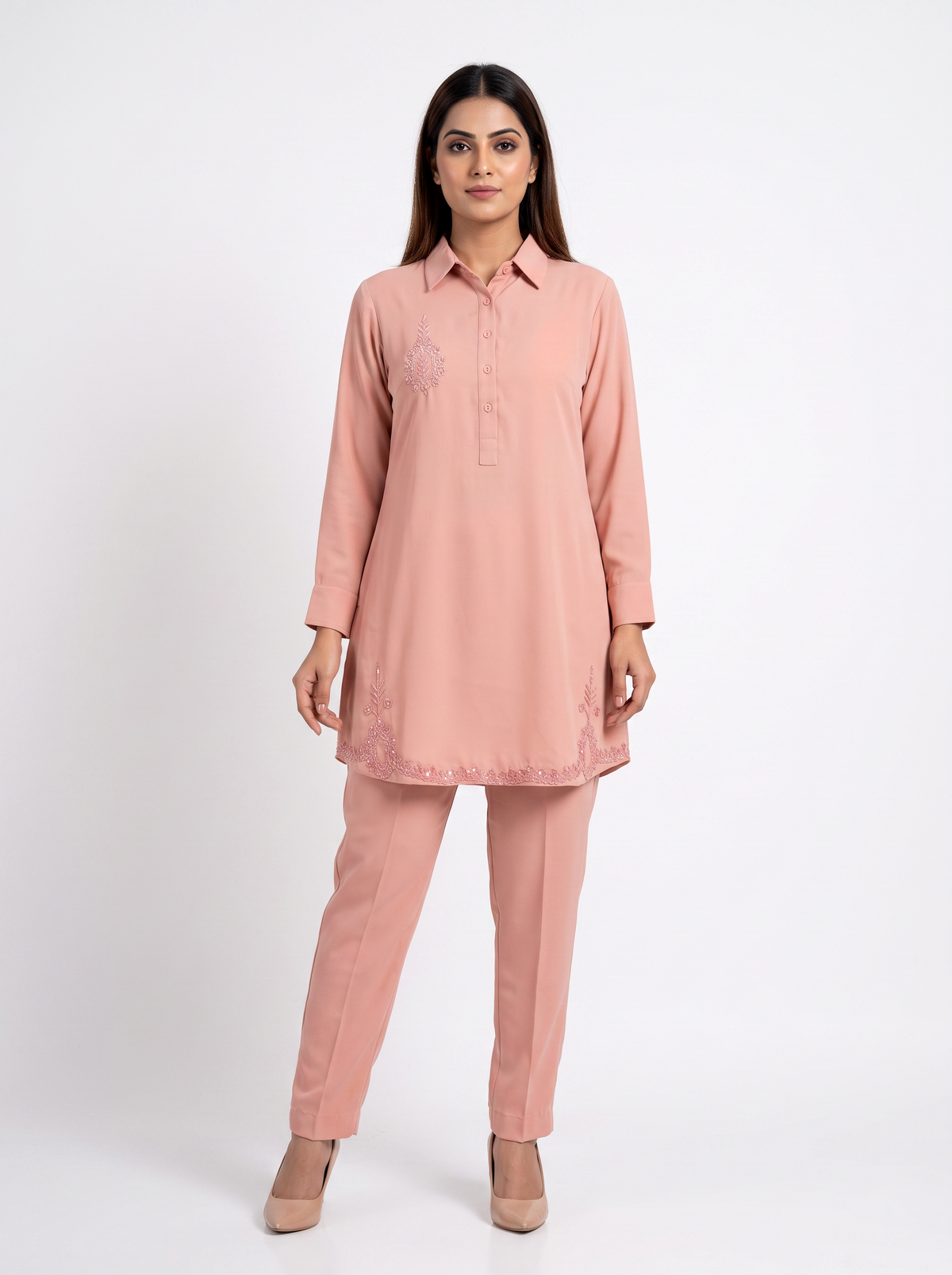 Peach Plain Shirt Set