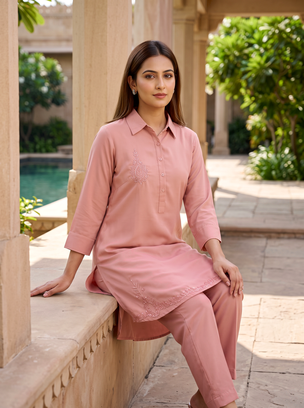 Peach Plain Shirt Set
