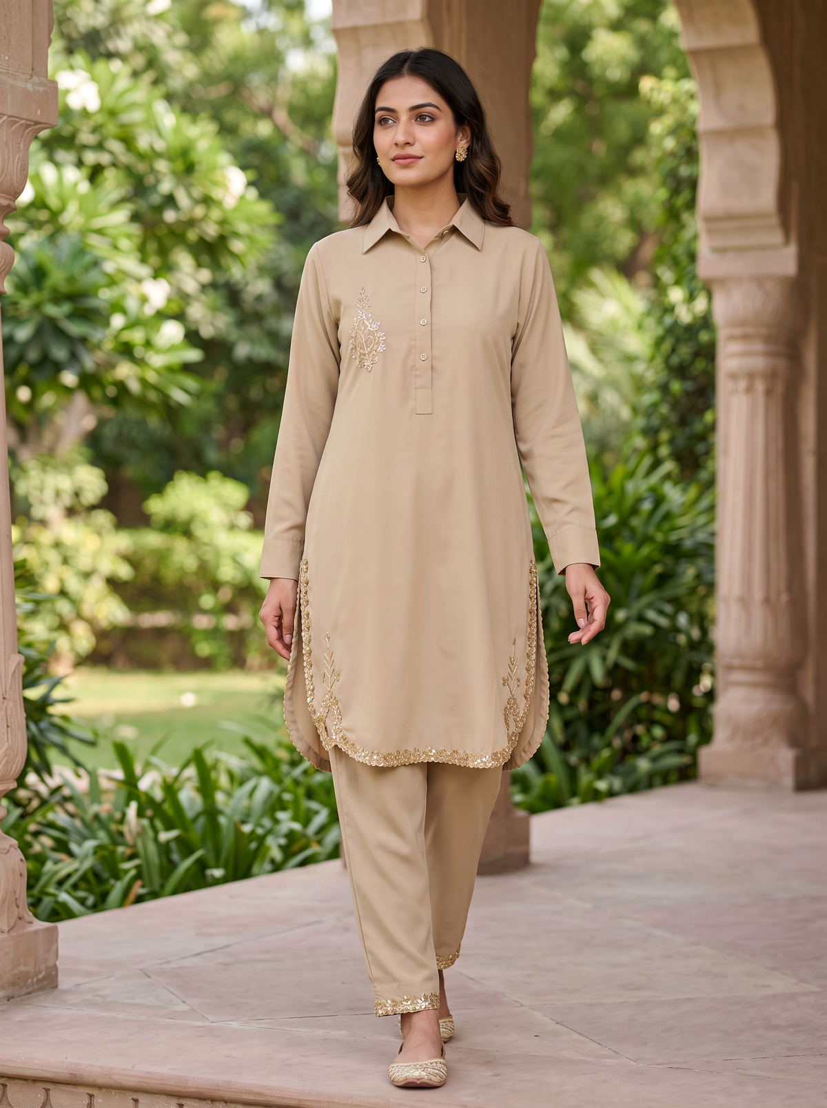 Embroidered Hemline Shirt Set
