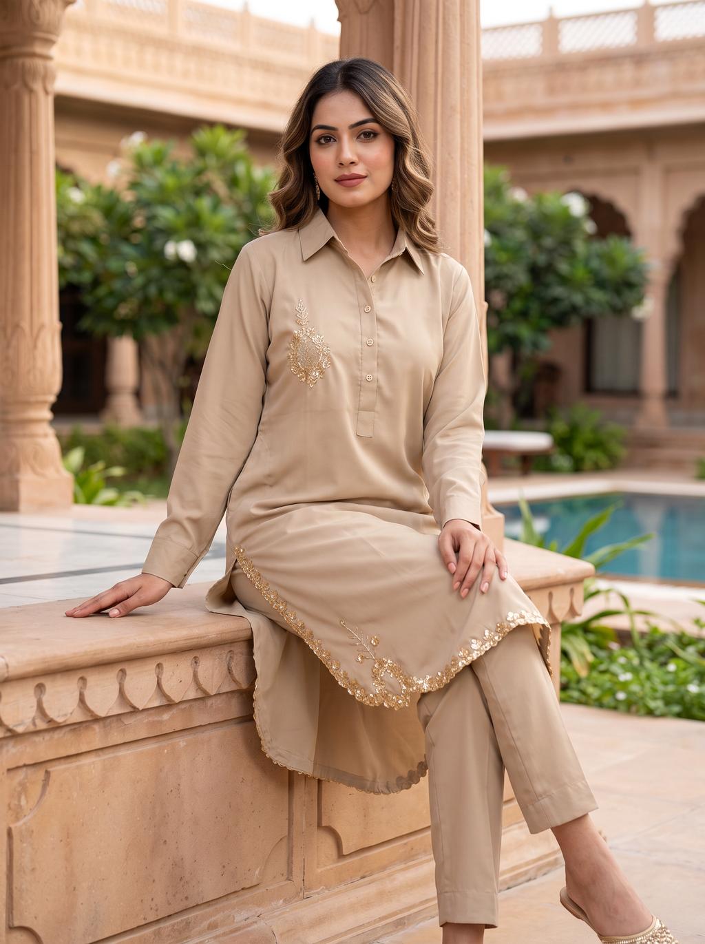 Embroidered Hemline Shirt Set