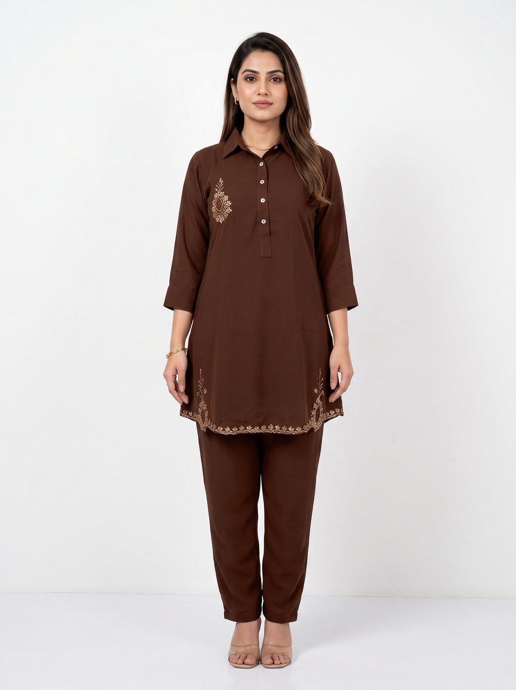 Embroidered Hemline Shirt Set