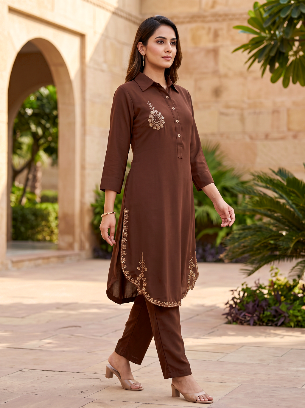Embroidered Hemline Shirt Set