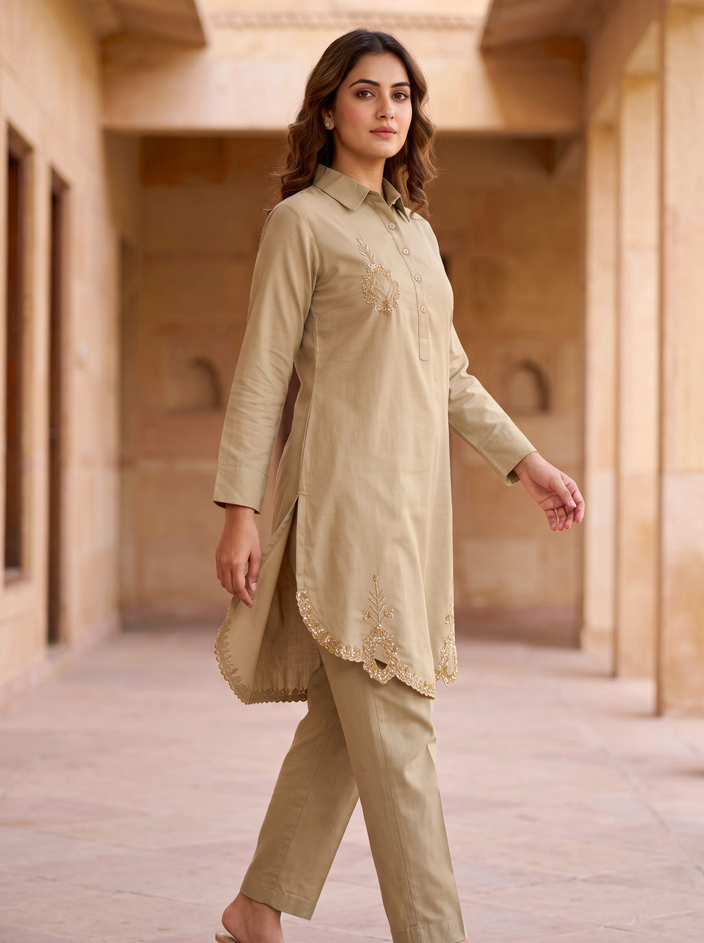 Embroidered Hemline Shirt Set