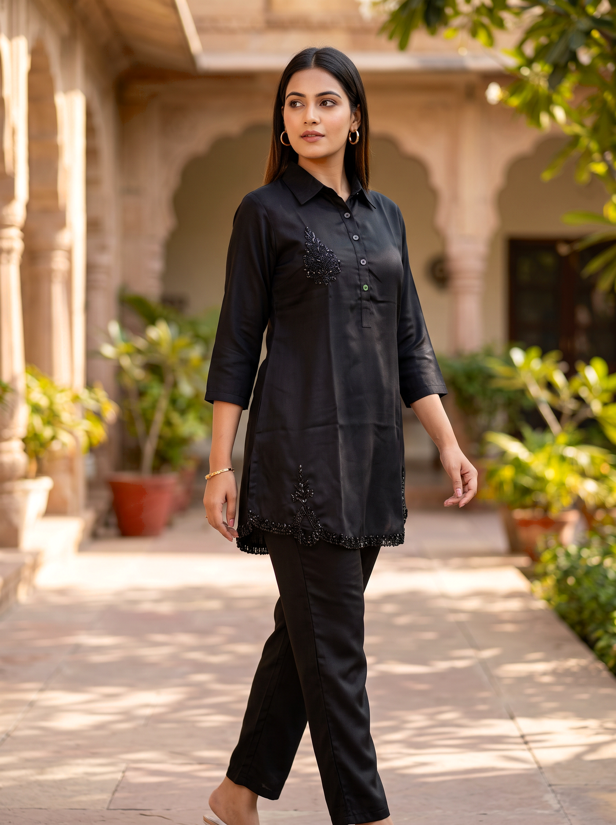 Embroidered Hemline Shirt Set