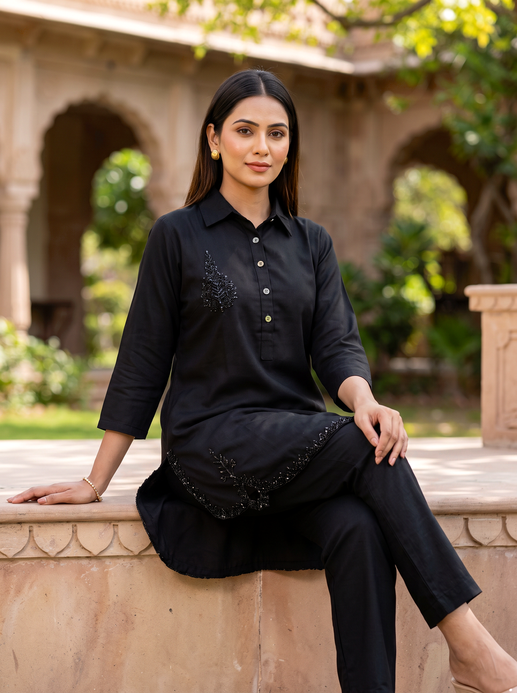 Embroidered Hemline Shirt Set