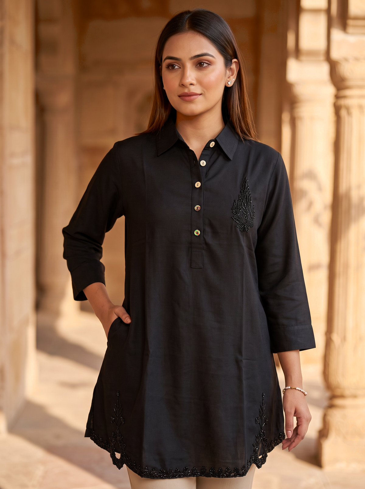 Embroidered Hemline Shirt Set
