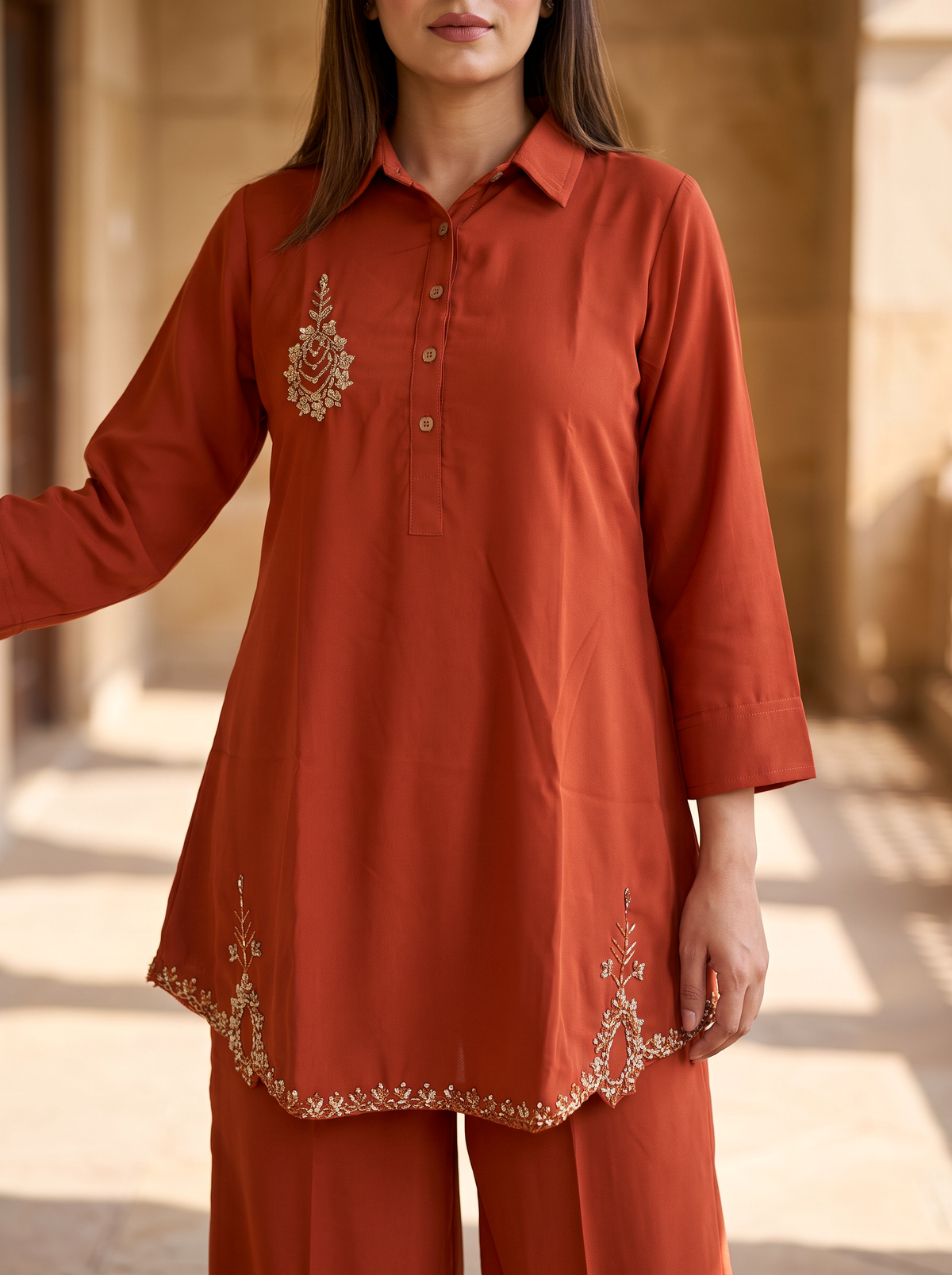 Embroidered Hemline Shirt Set