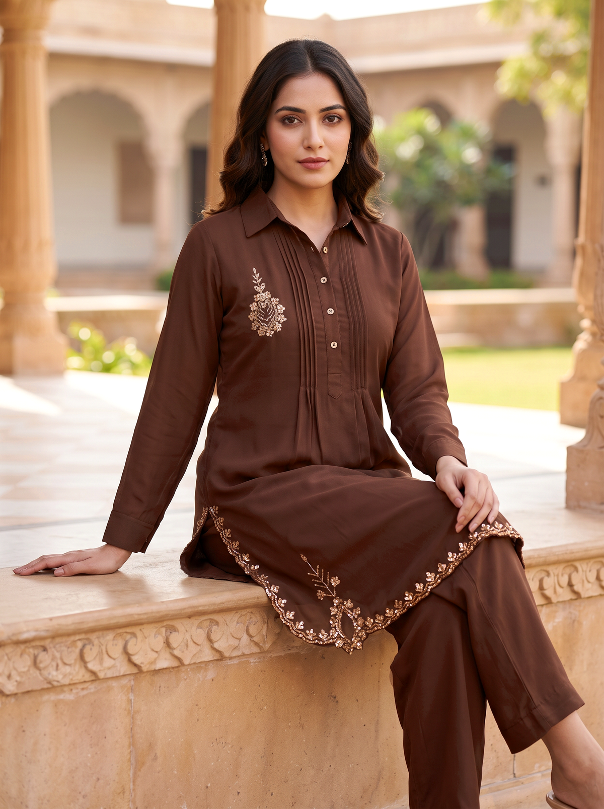 Embroidered Hemline Shirt Set