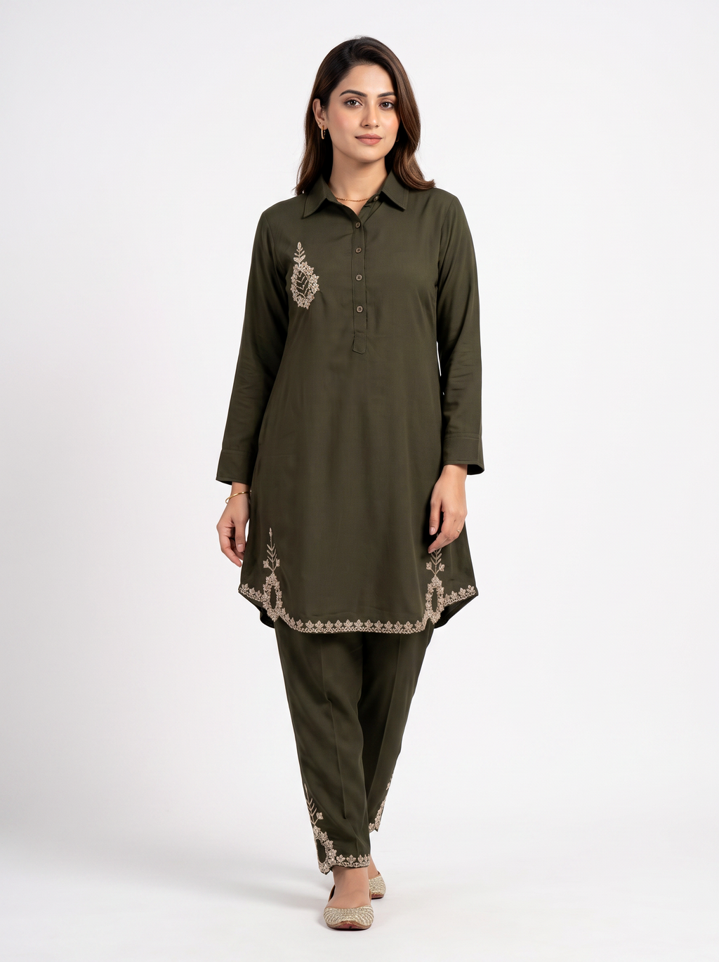 Embroidered Hemline Shirt Set