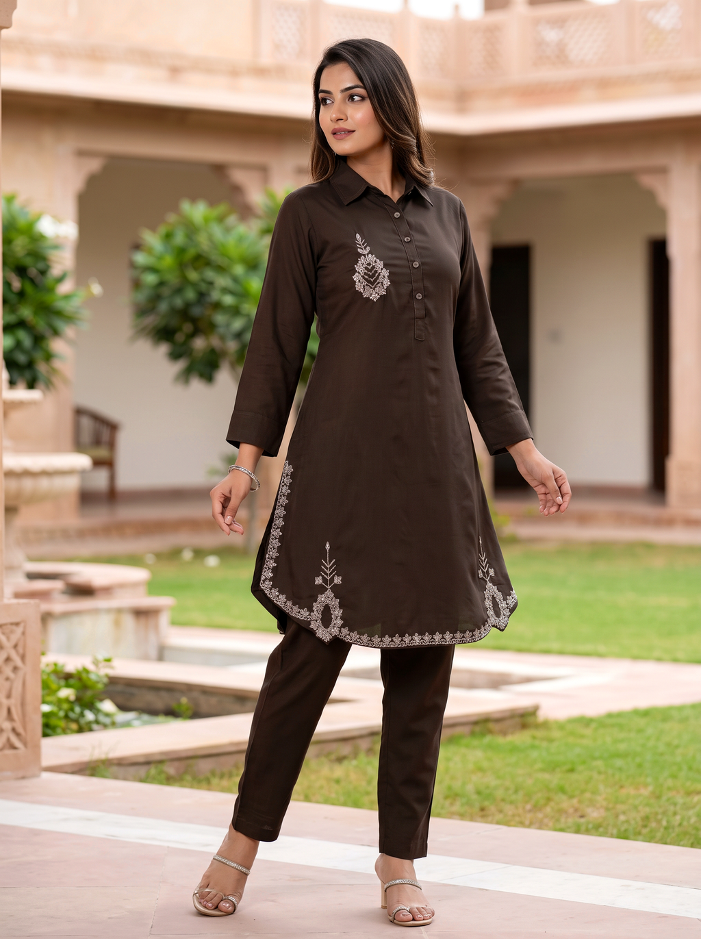 Embroidered Hemline Shirt Set