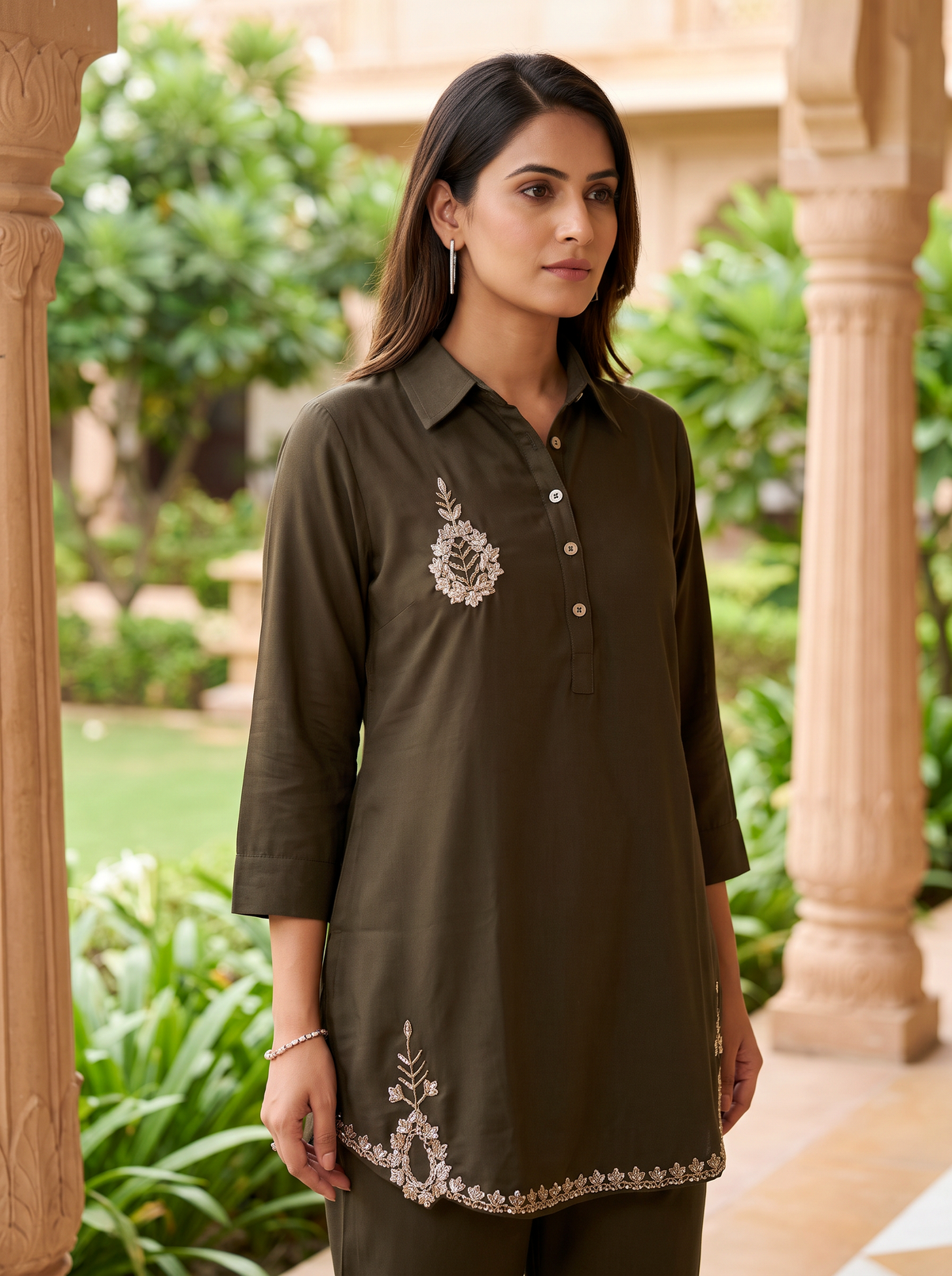 Embroidered Hemline Shirt Set