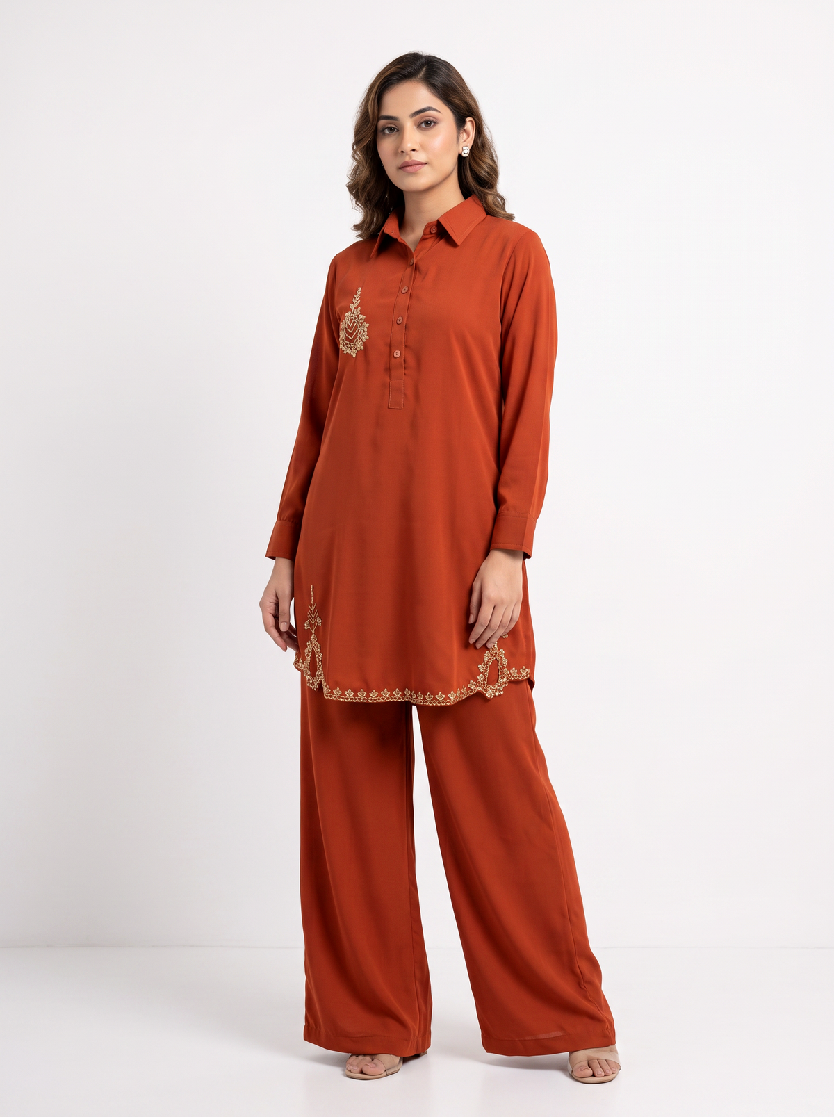Embroidered Hemline Shirt Set