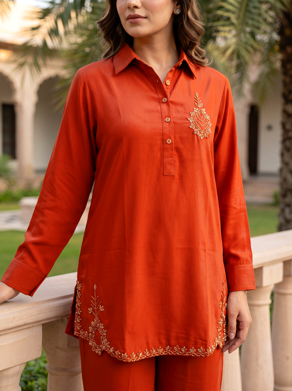 Embroidered Hemline Shirt Set