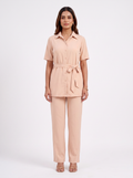 Light Peach Short-Sleeve Belted Shirt Set