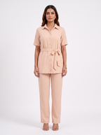 Light Peach Short-Sleeve Belted Shirt Set