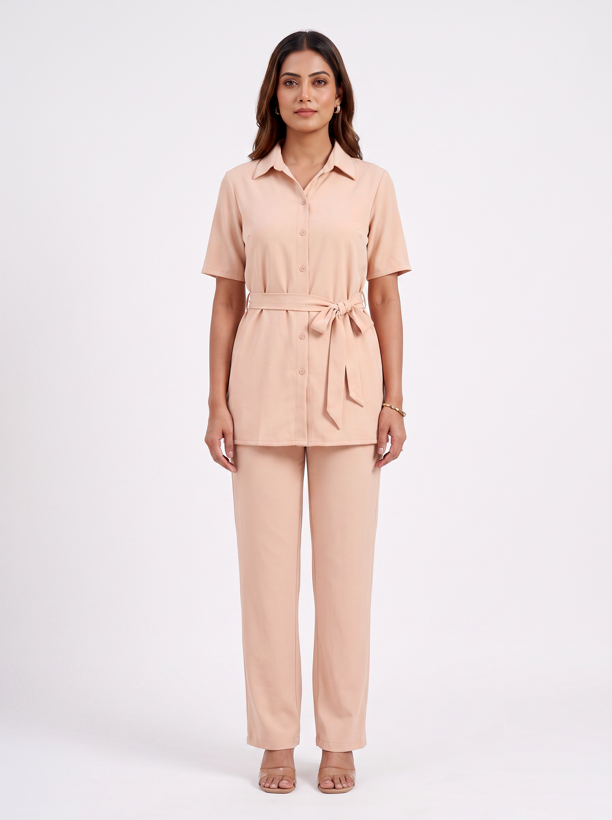Light Peach Short-Sleeve Belted Shirt Set