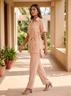 Light Peach Short-Sleeve Belted Shirt Set