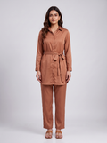 Tan Long-Sleeve Belted Shirt Set